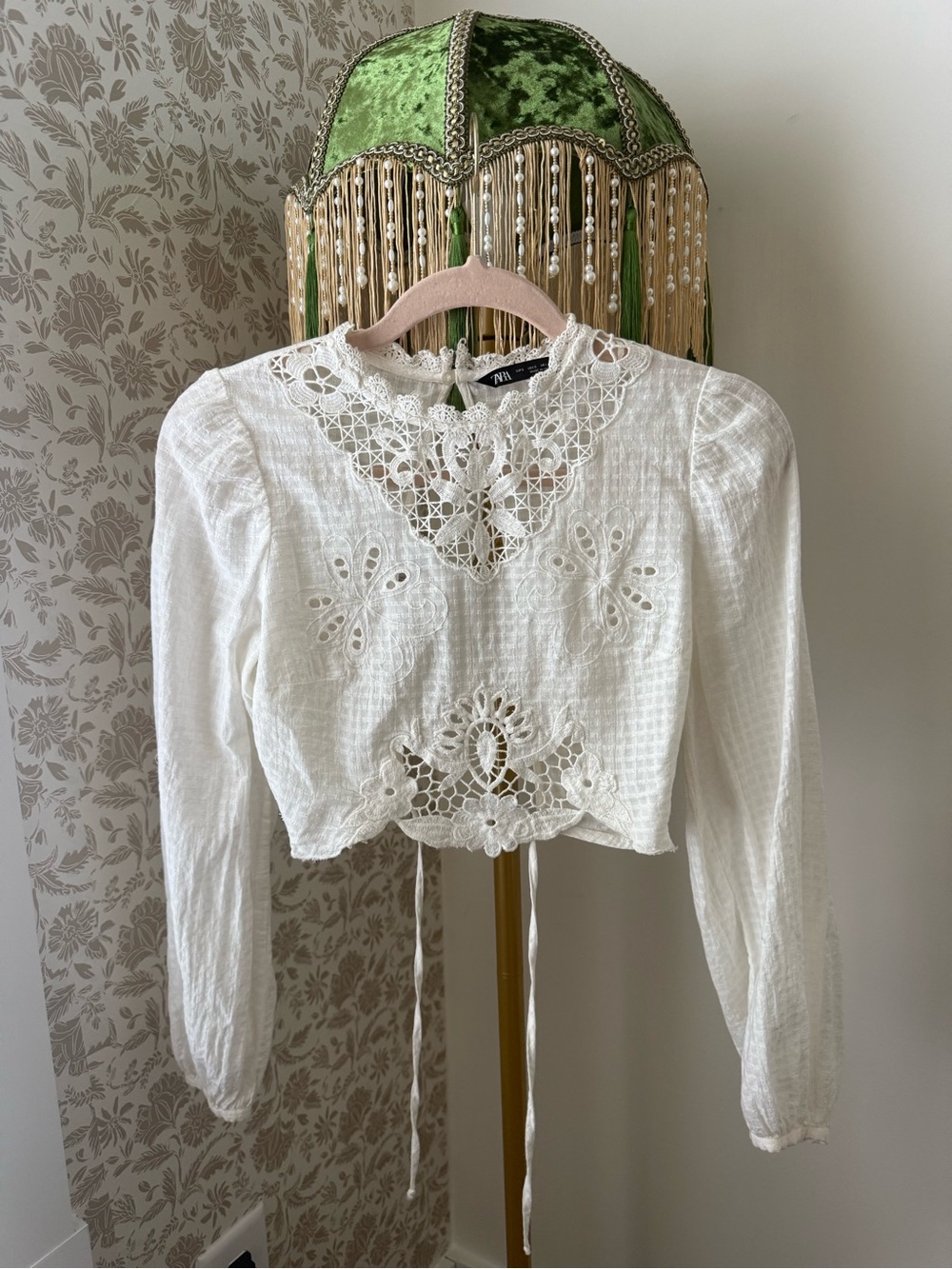 Zara White Crochet-Trim Long Sleeve Crop Top